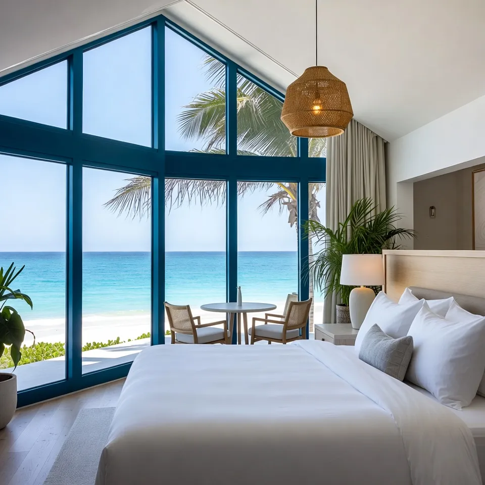 Hotel bedroom with teal-framed windows overlooking the ocean.