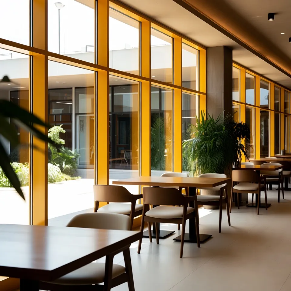 Cafe interior with yellow-framed windows and wooden tables.