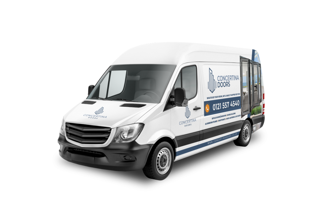 White delivery van featuring the "Concertina Doors" logo and contact information on its sides.