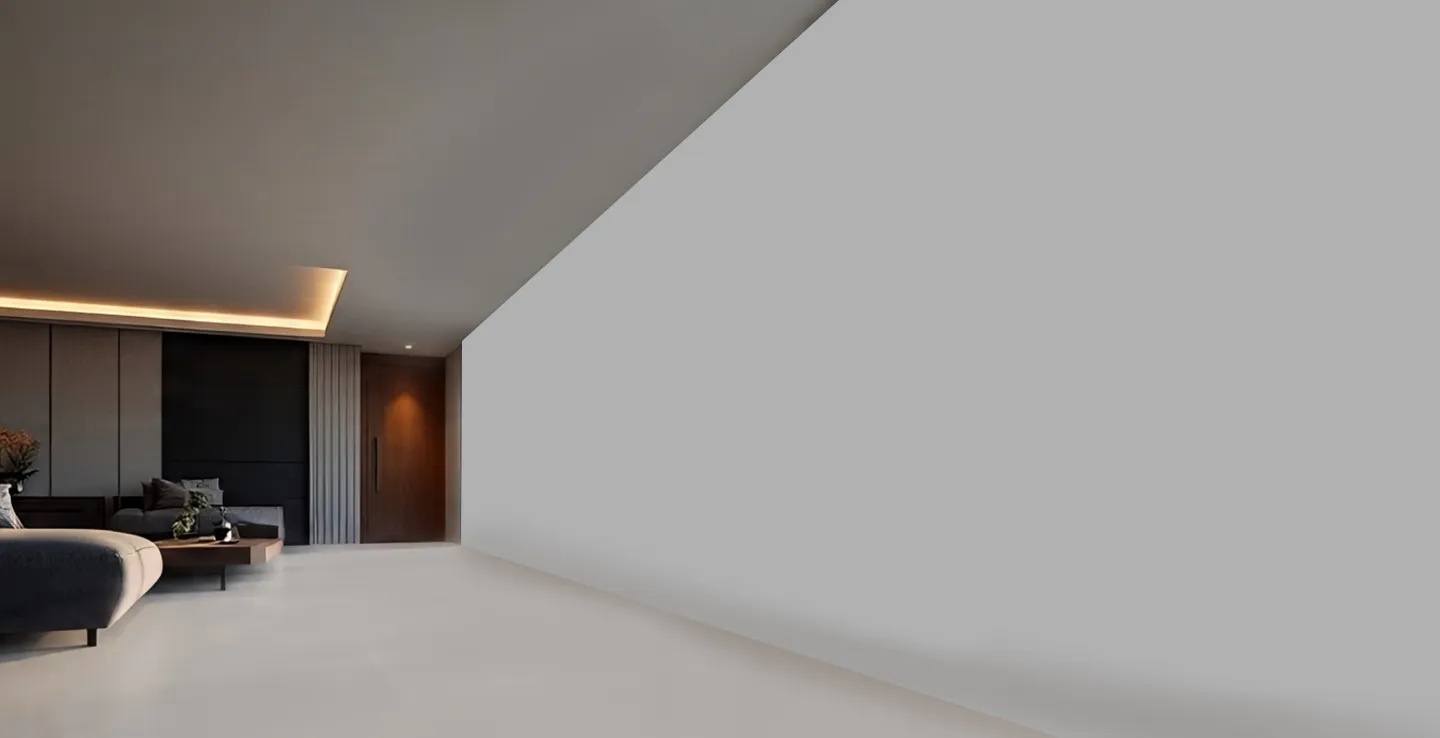 Modern room interior with white wall and grey furniture.