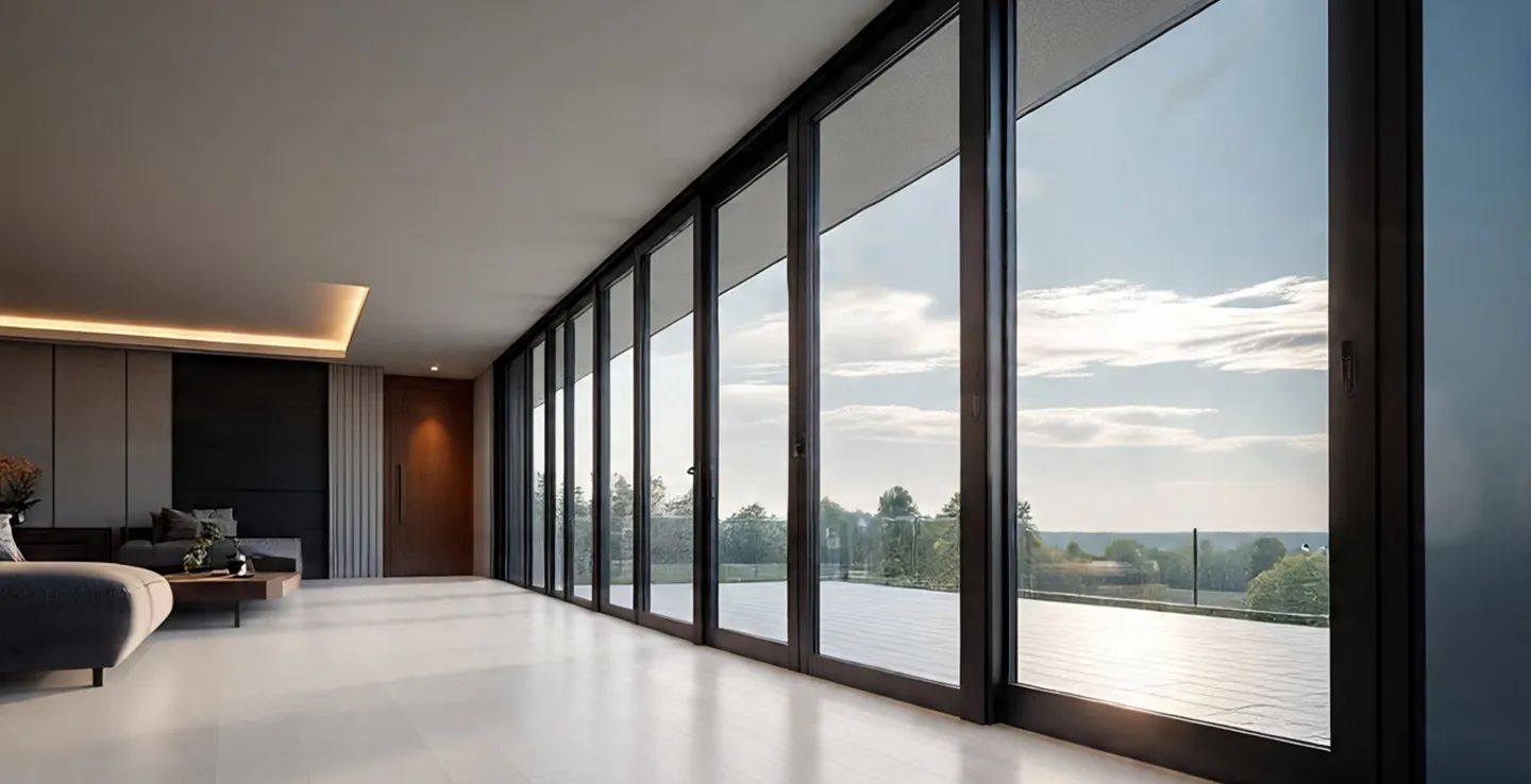 Modern room with bespoke aluminium bi-fold doors offering a panoramic view.