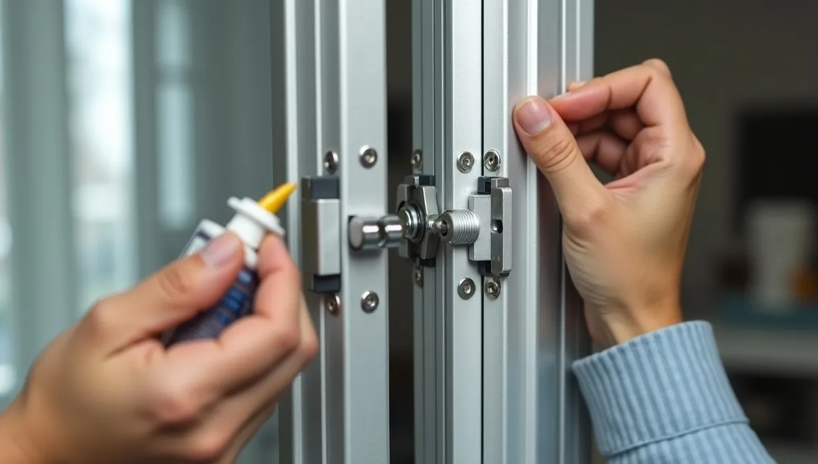 Hands lubricating hardware on silver aluminum door frames.