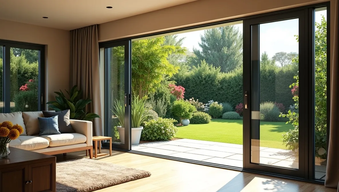 Open concertina doors connecting indoor living room to garden patio.