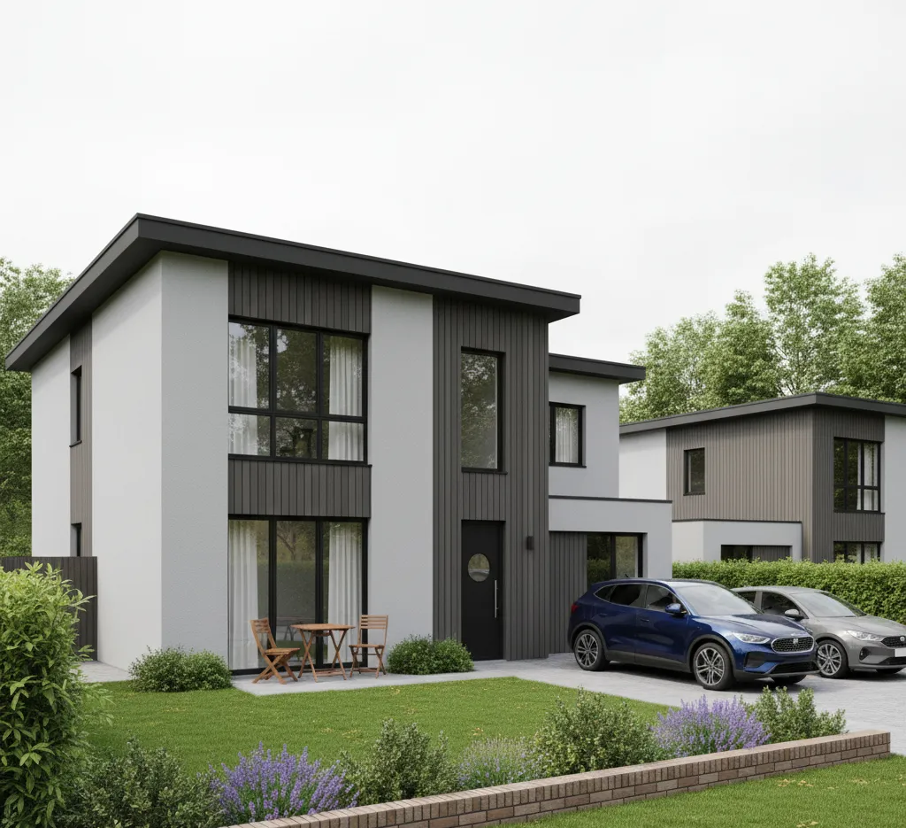 Contemporary residential home with large glass concertina doors opening to a landscaped garden.