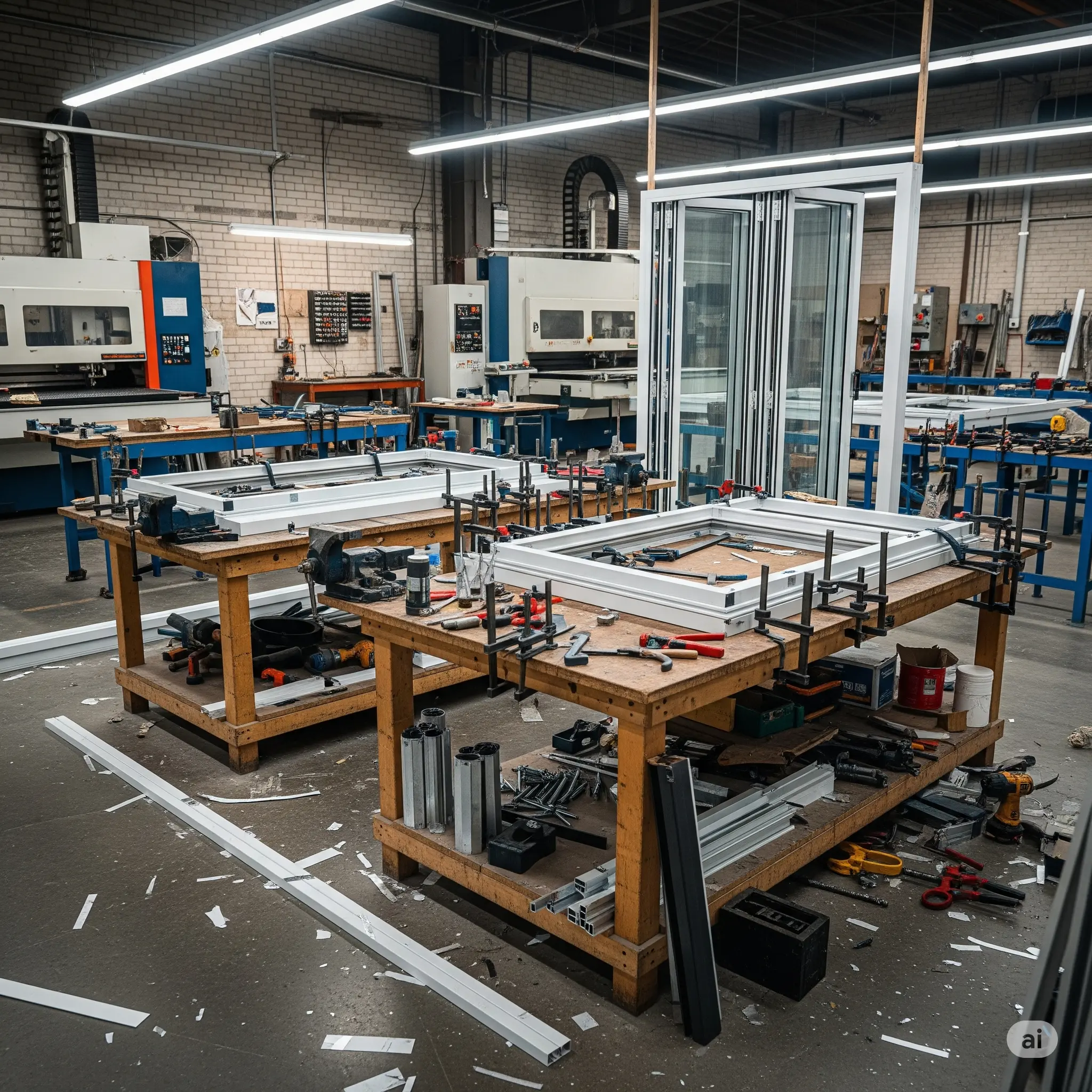 Workshop with white window frames being assembled on workbenches.