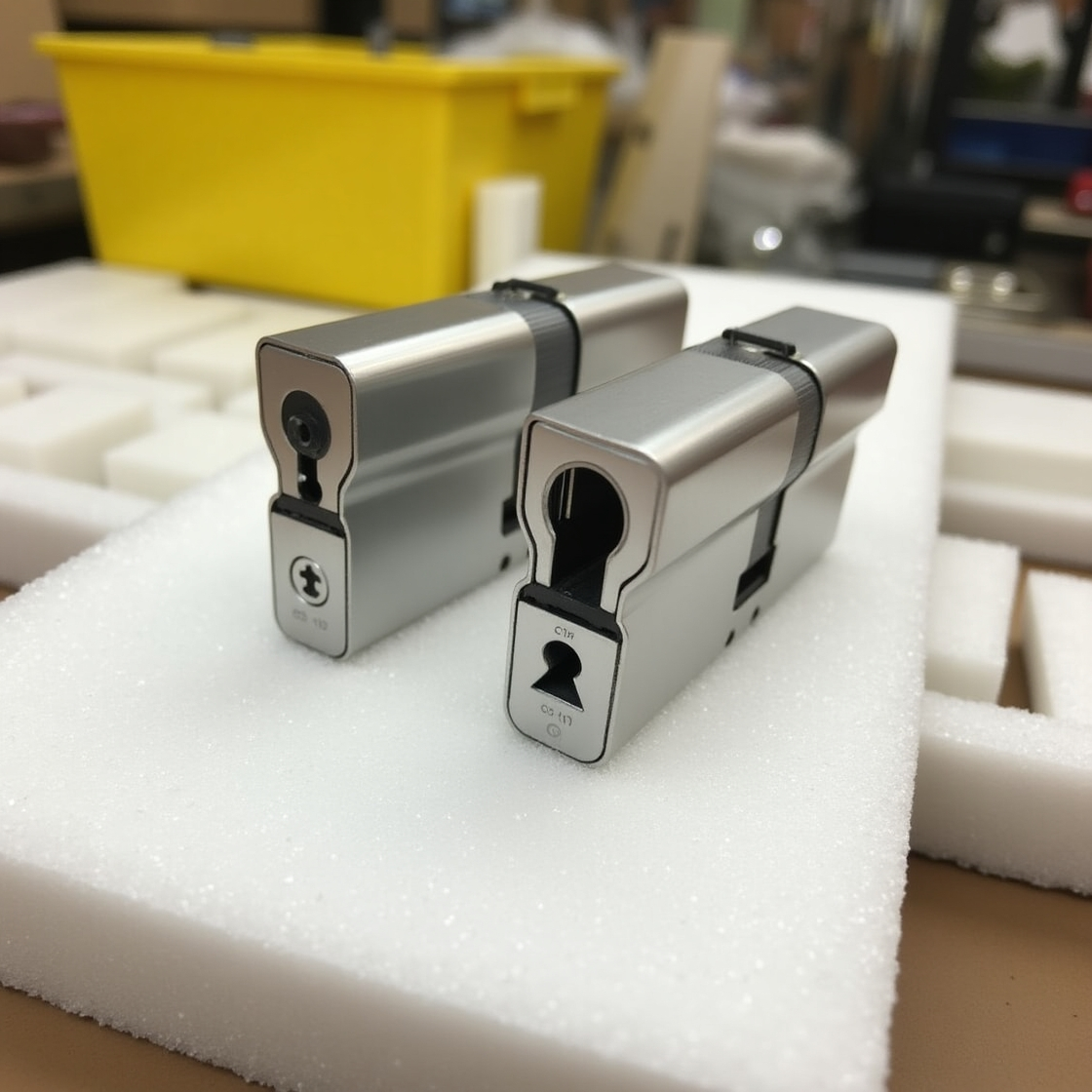 Two silver metal cylinder lock mechanisms resting on white foam packaging in a workshop setting.