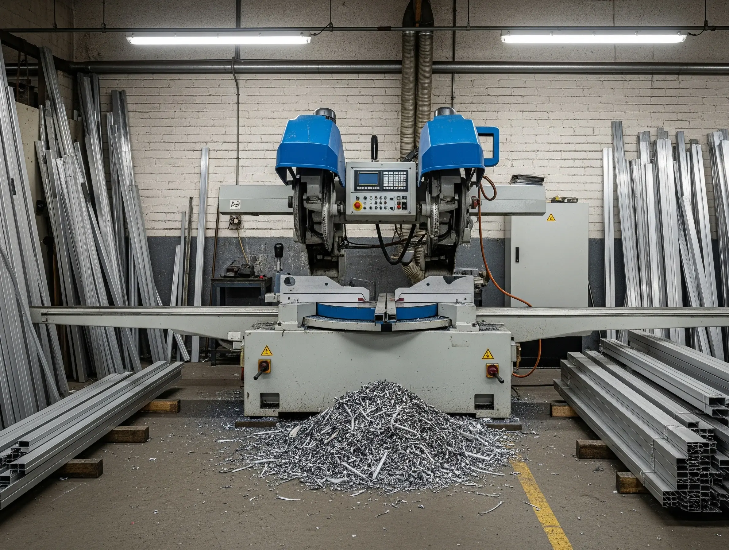Industrial double mitre saw surrounded by aluminium profiles and metal shavings.
