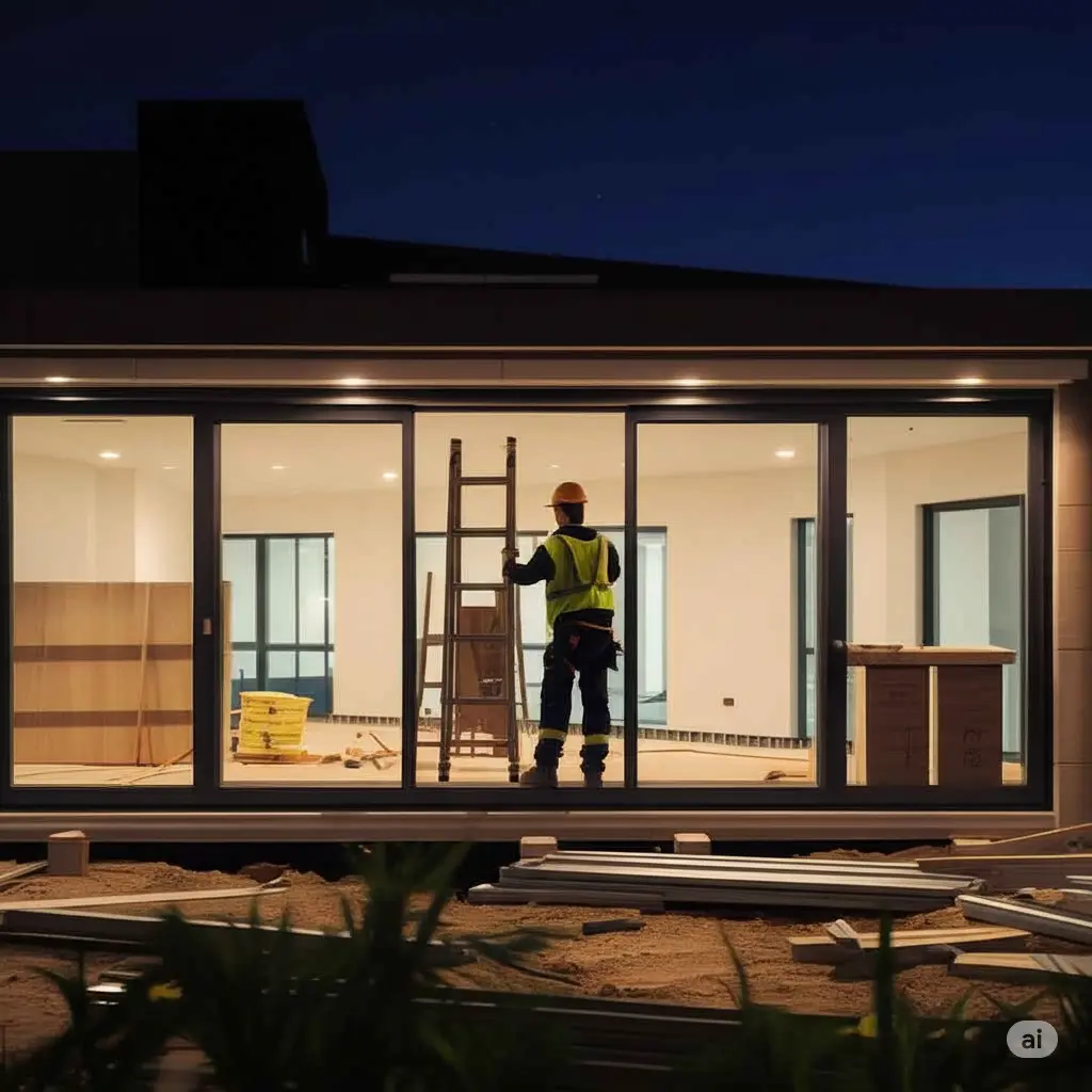 Construction worker in a high-vis vest inside a partially completed room, viewed through large black-framed glass sliding doors from the exterior construction site.