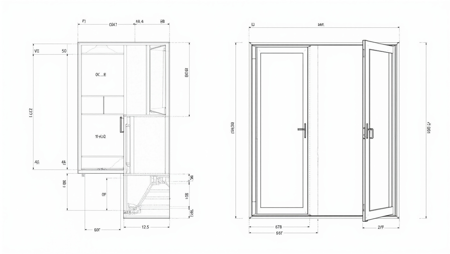 Architectural blueprints for door and window combinations with detailed dimensions.