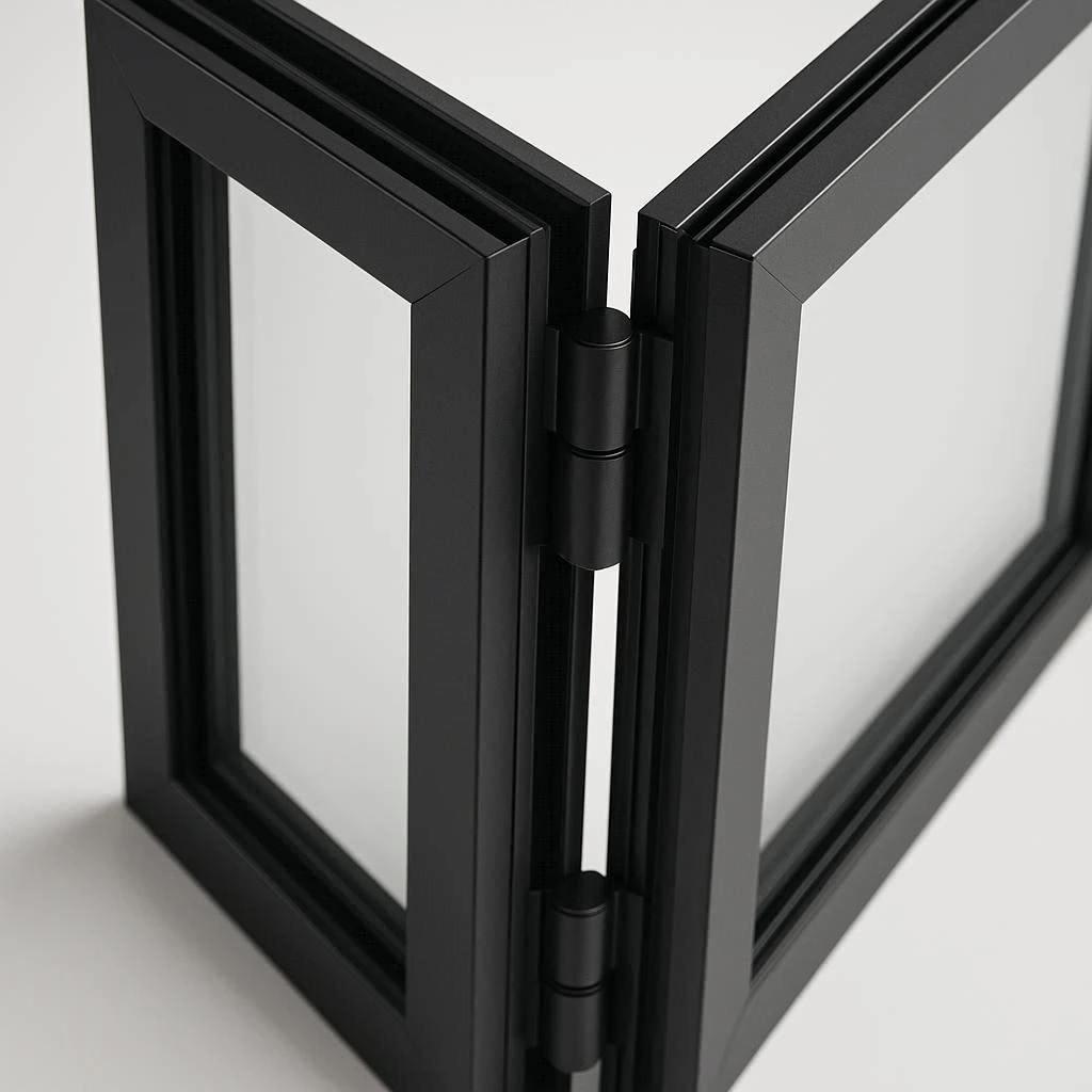 Close-up of a black bi-fold door junction showing the panels connected by a dark hinge.