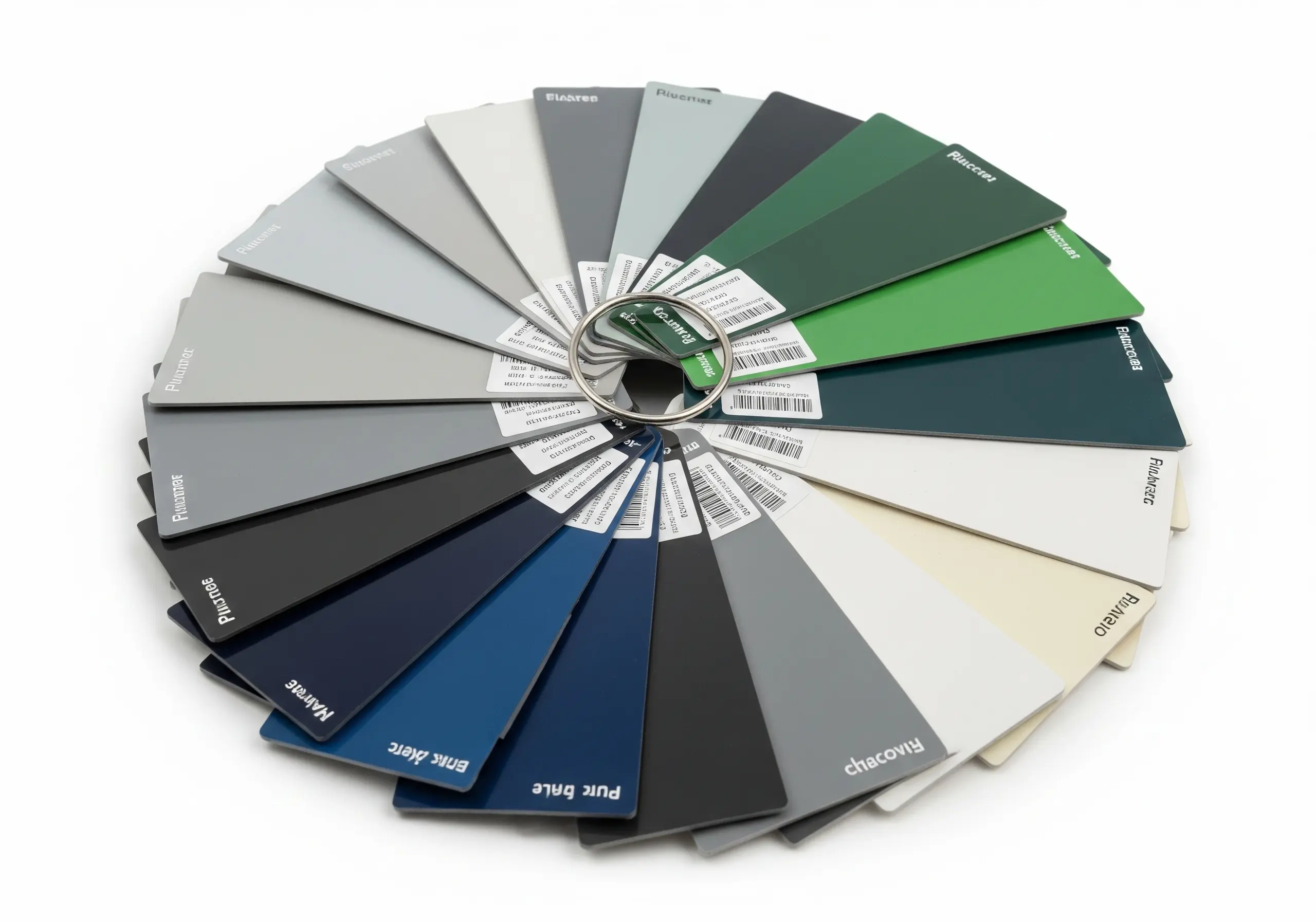 
A full circular fan-out color swatch book for window/door profiles, displaying a wide spectrum of colors, predominantly greys, blues, and greens.
