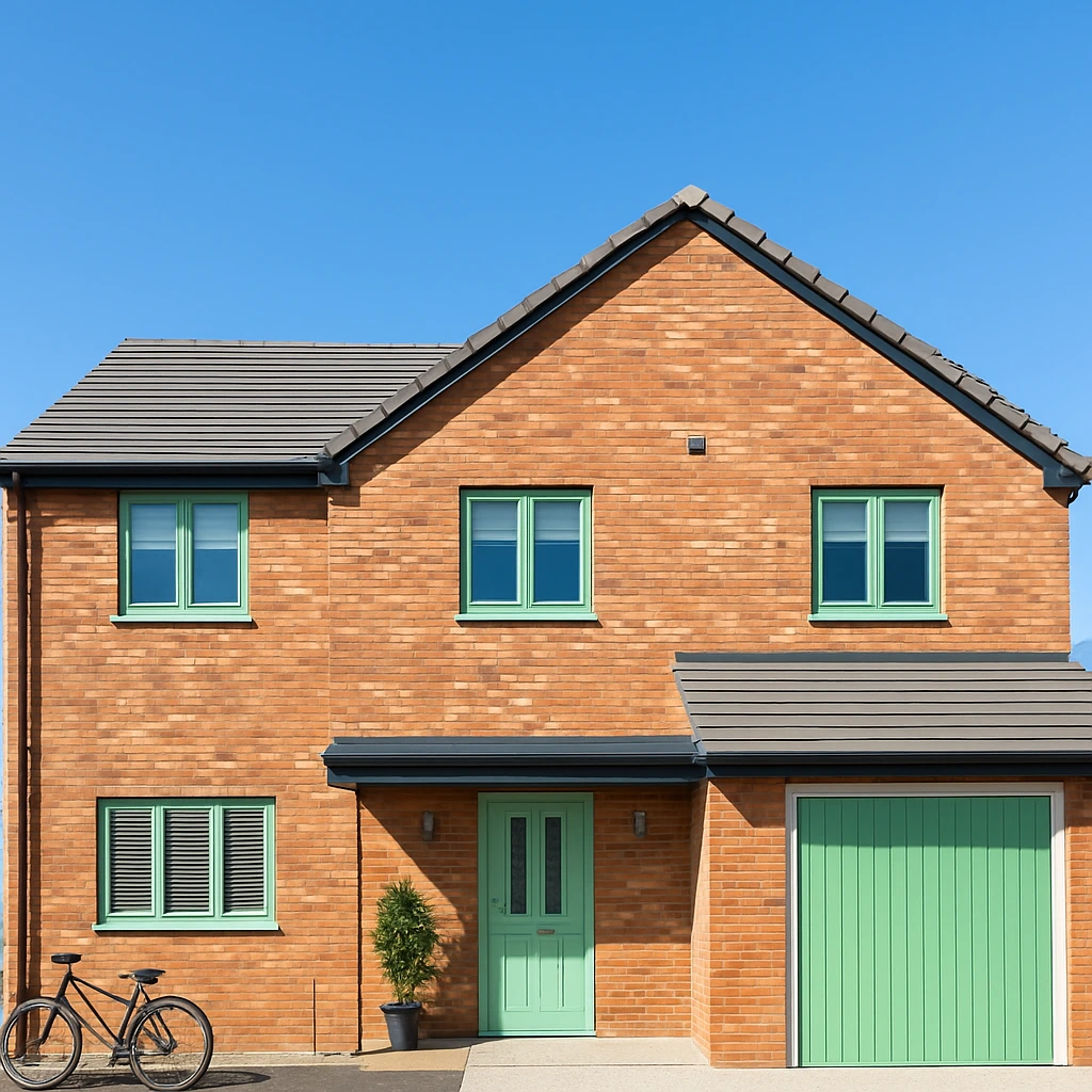 House with mint green windows and doors.
