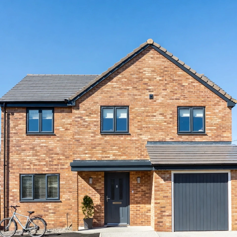 House with gray windows and doors.