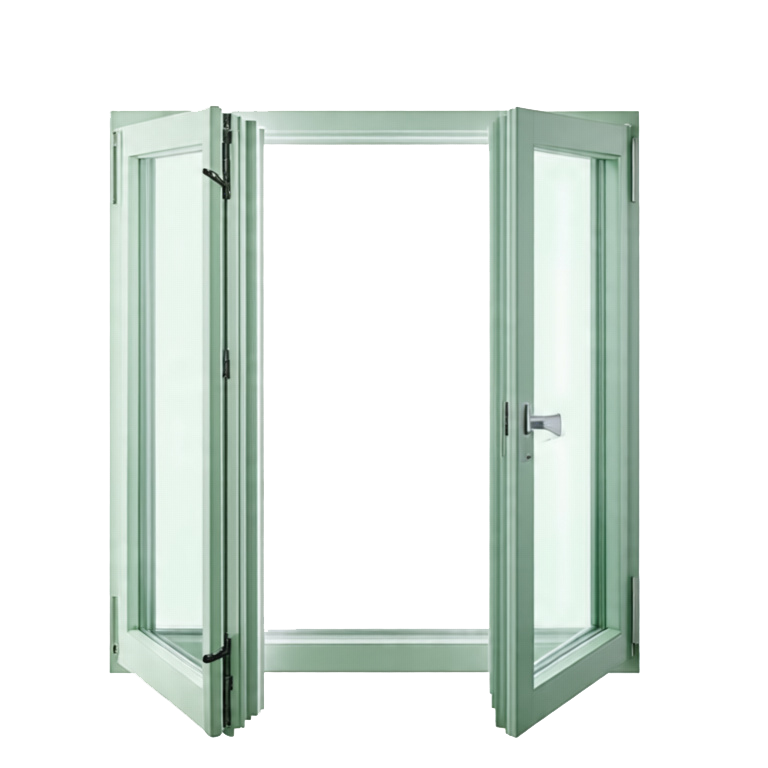 Light green French casement window fully open.