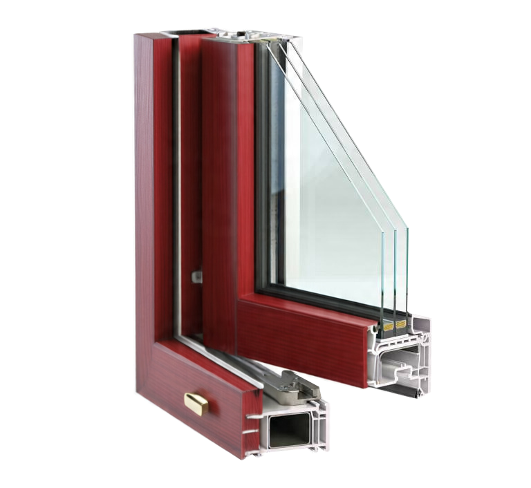 Red-brown window profile cross-section with triple glazing.