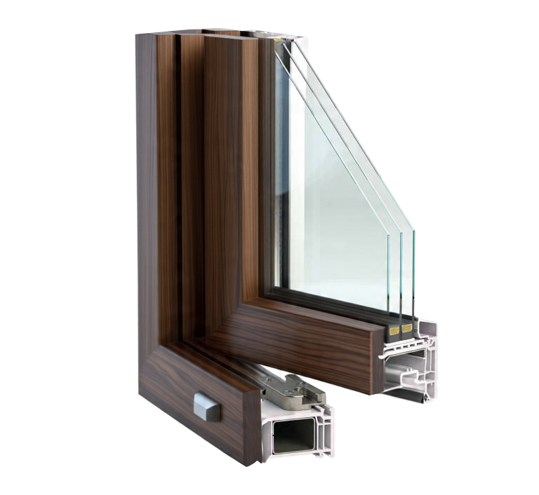 Woodgrain window profile cross-section with triple glazing.