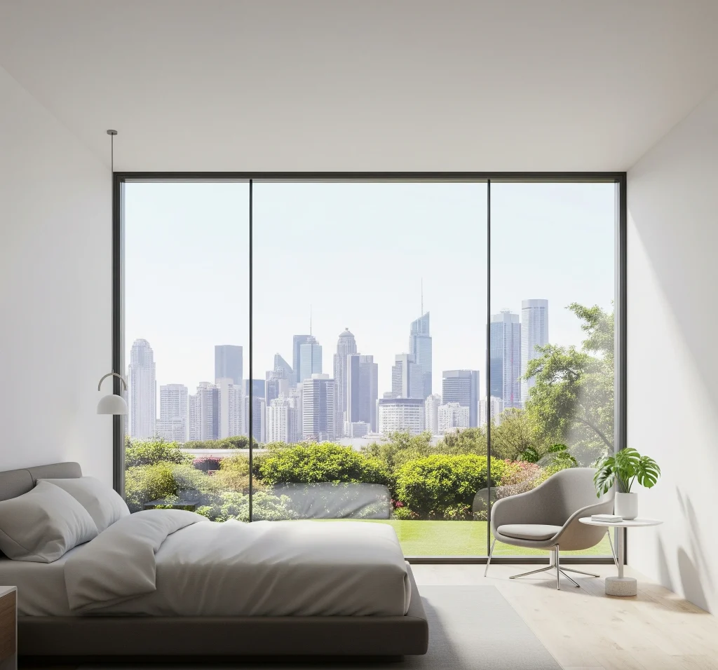 Modern bedroom with floor-to-ceiling windows overlooking a city skyline and garden.