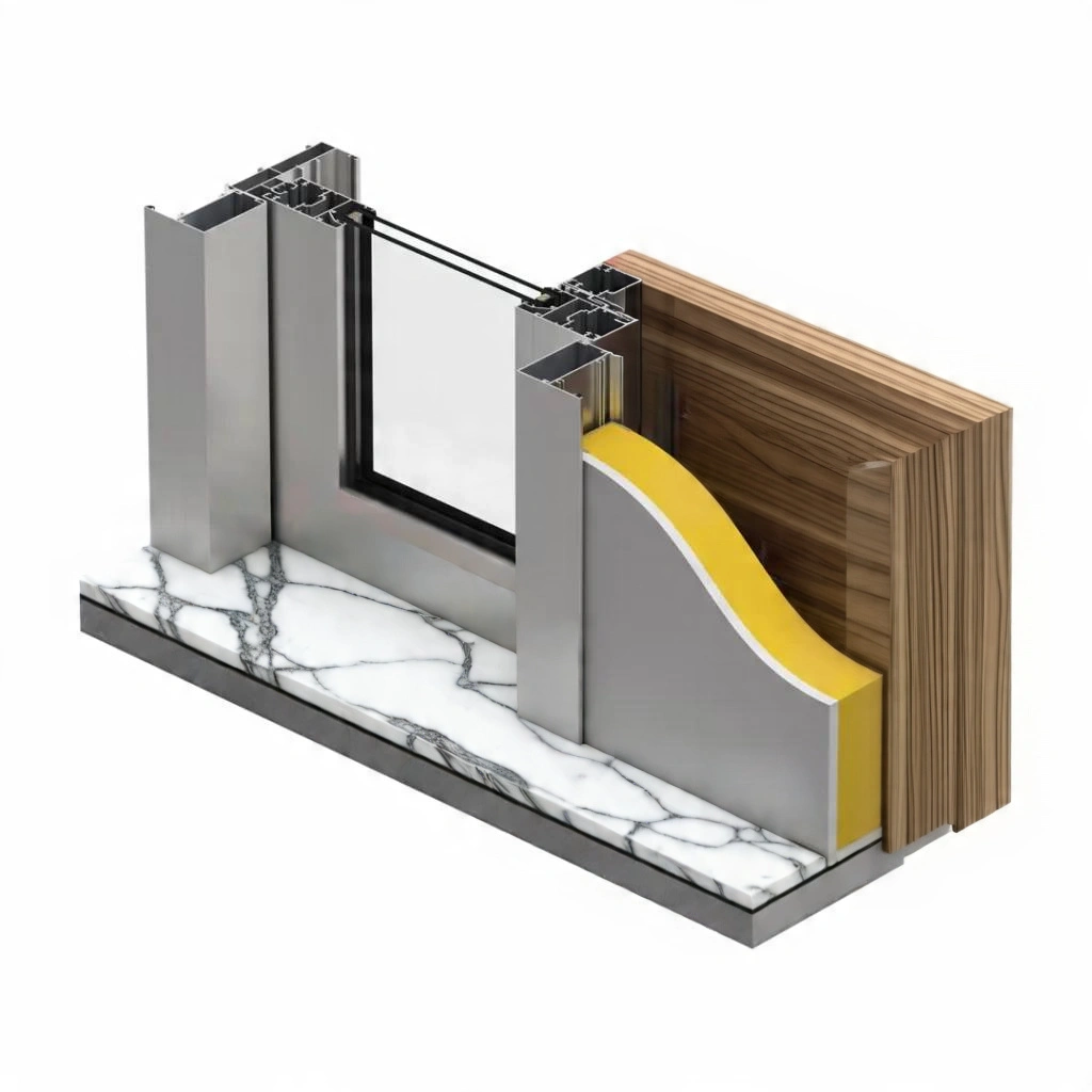 Cross-section of an aluminium window profile with marble sill and wall insulation.
