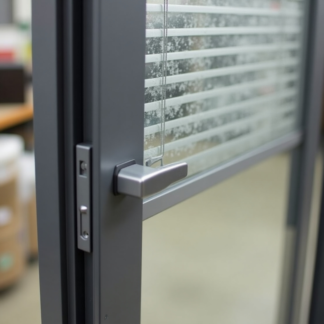 Close-up of a grey-framed door or window with an integrated silver handle, and glass featuring internal horizontal blinds.