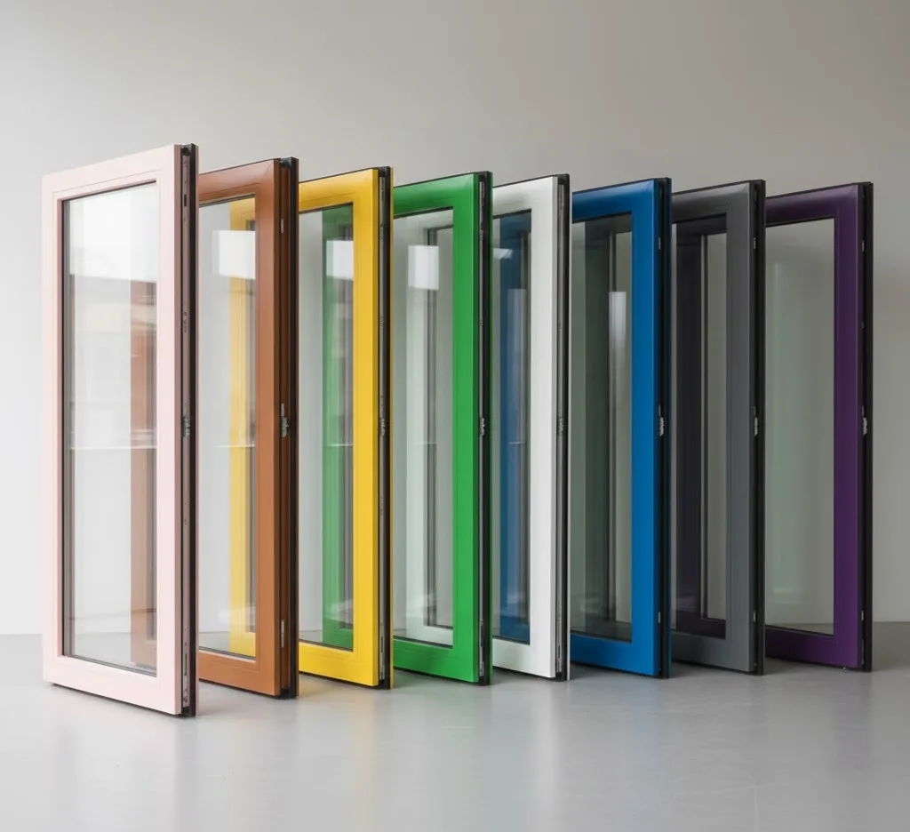 Row of colorful window frames on display.